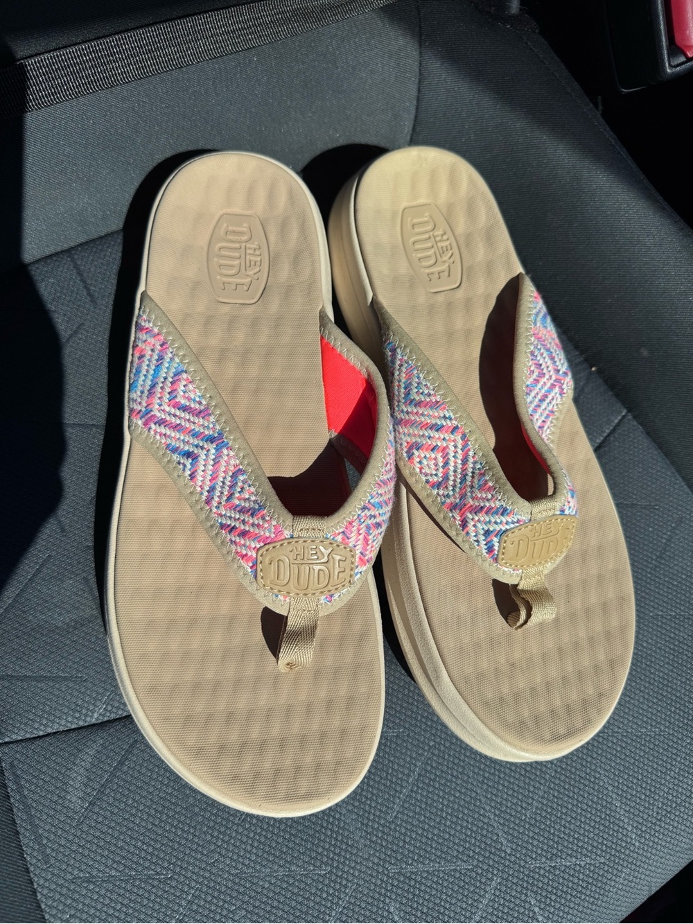Hey Dude Women’s Tan Sandal with Pink Multicolor Woven Strap